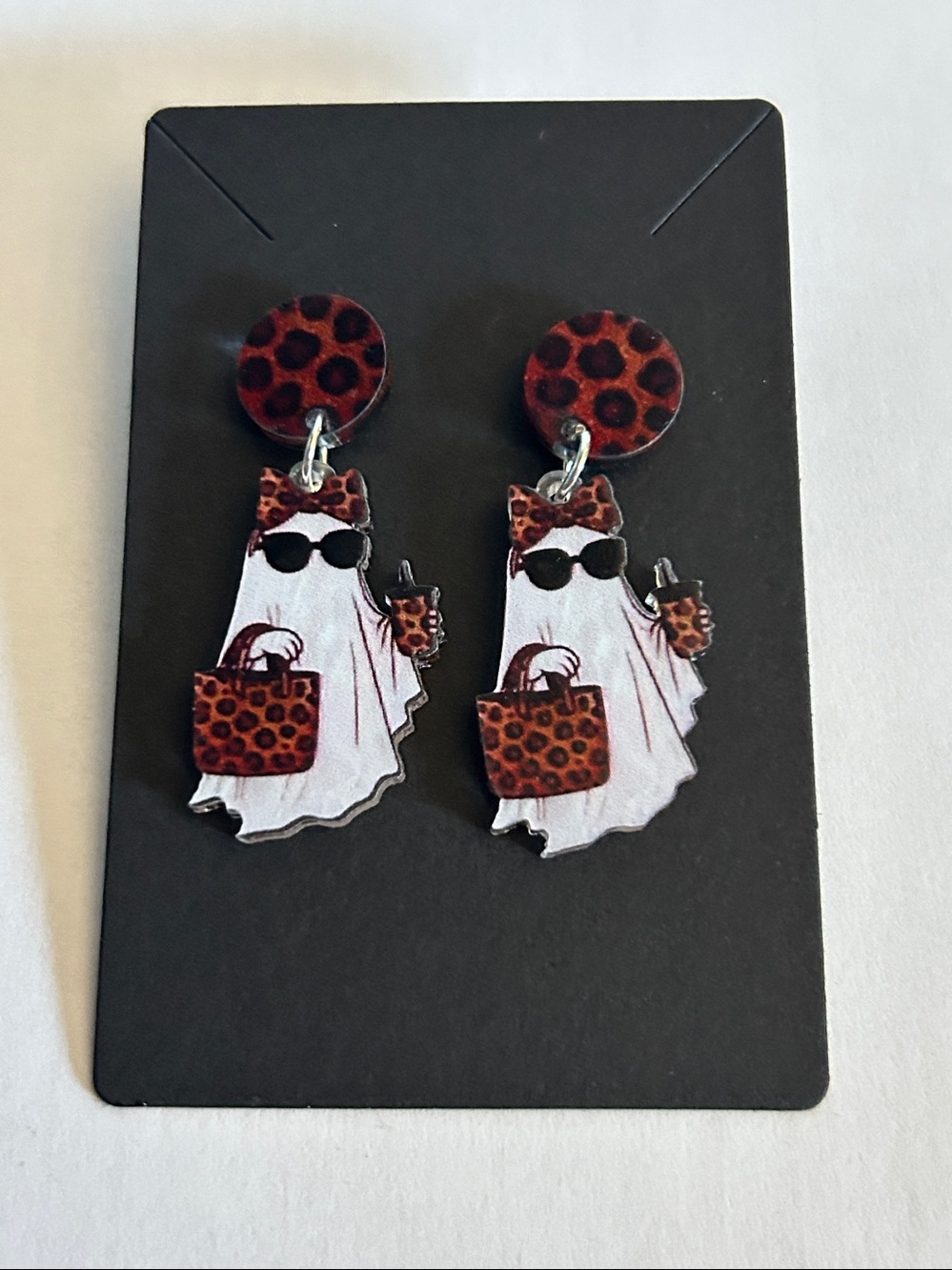 Halloween Leopard Print Acrylic Ghost Pierced Earrings - Picture 5 of 5